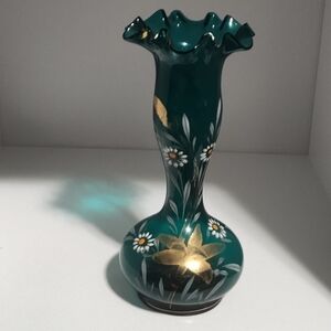 Vintage aqua hand-painted ruffled edge Bud vase